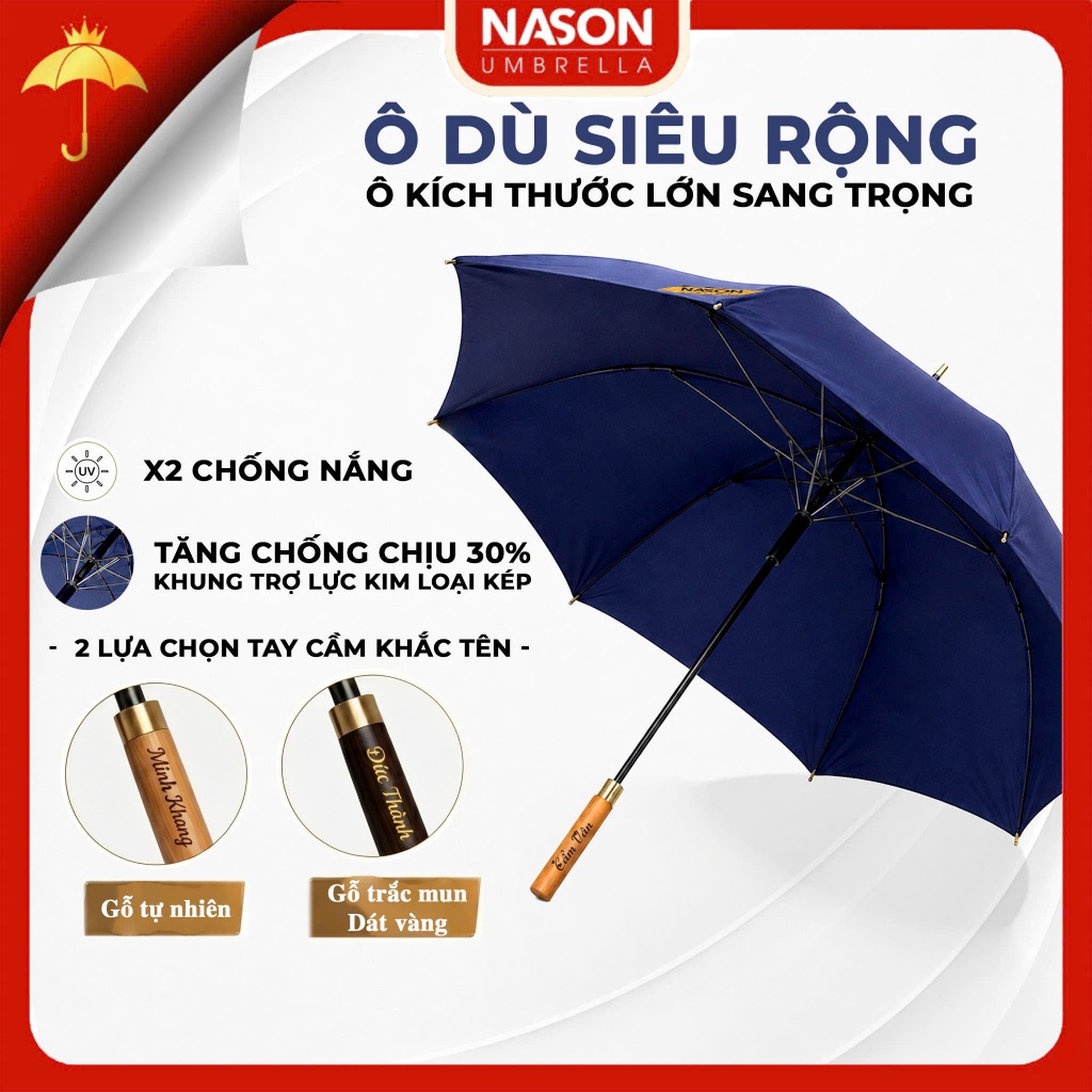 Ô dù che mưa nắng chống UV cao cấp tán siêu rộng 134cm G30 NASON UMBRELLA, tay cầm gỗ khắc tên theo 