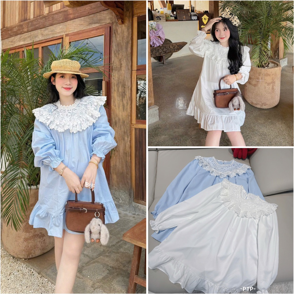 [A0.335] Váy Babydoll Tay Dài Phối Cổ Ren - Ảnh Thật Chính Chủ PTP STORE