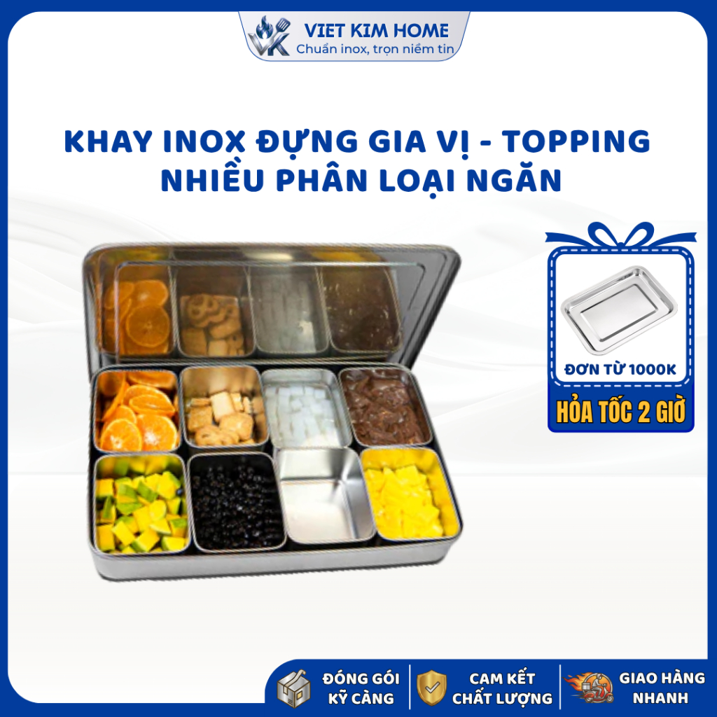 Bộ Khay Inox Nhiều Ngăn Có Nắp Việt Kim – Khay Đựng Gia Vị, Topping, Nguyên Liệu Sạch Sẽ, Chuyên Ngh