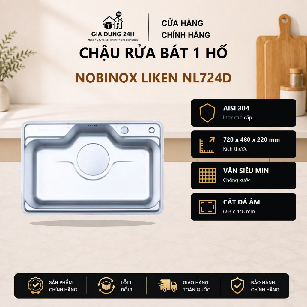 CHẬU RỬA BÁT 1 HỐ NOBINOX LIKEN NL724D | KÍCH THƯỚC 72X48CM | BỀ MẶT MỊN | Hàng chính hãng