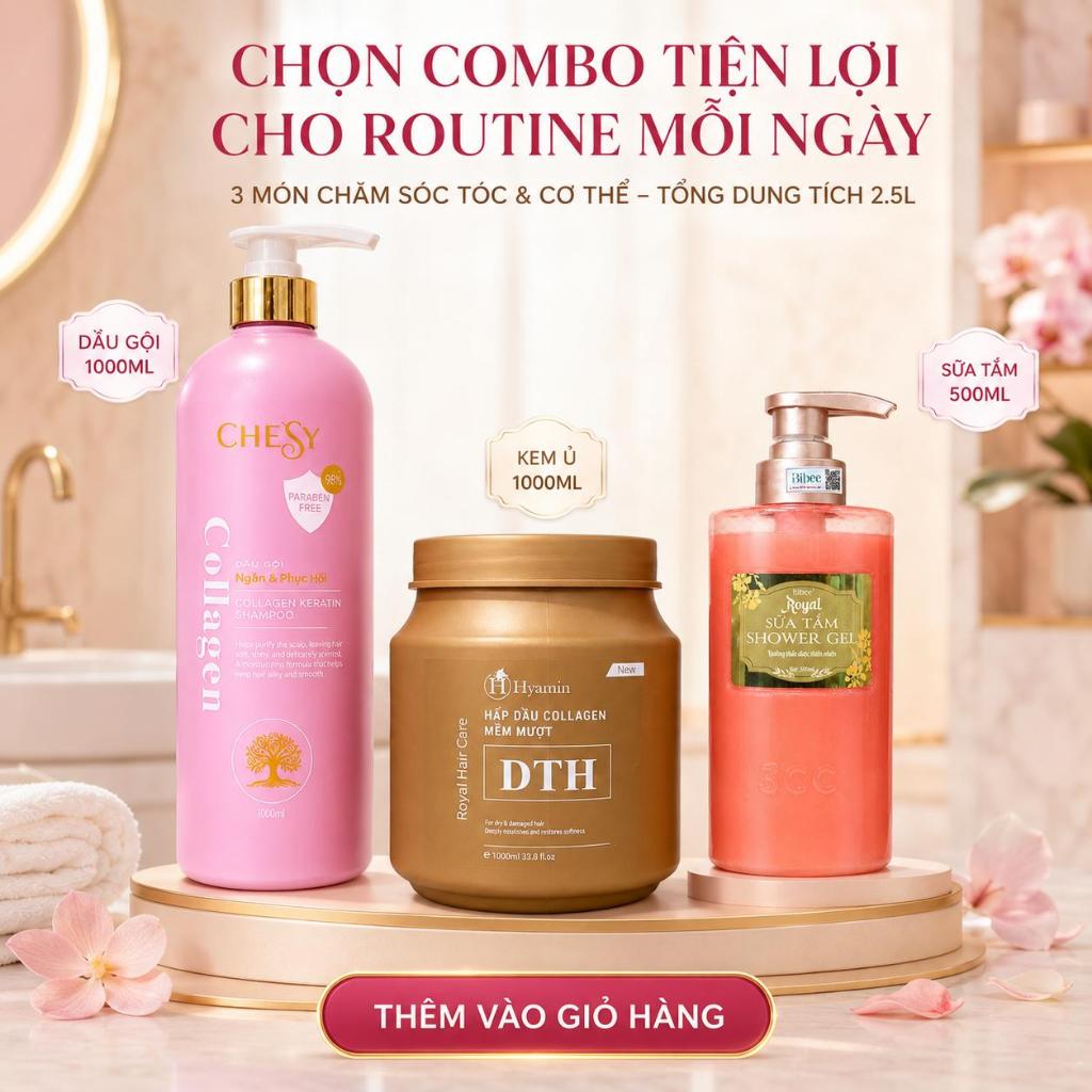 Combo Dầu Gội Phục Hồi Chesy 1000ml + Kem Ủ Tóc Collagen DTH 1000ml + Sữa Tắm Bibee Royal Hồng 500ml