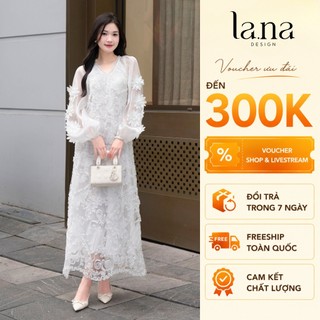 Đầm váy Nữ tiểu thư thiết kế LA.NA DESIGN bánh bèo dài tay màu trắng chất liệu ren phối tơ hàn phù hợp đi tiệc- V039