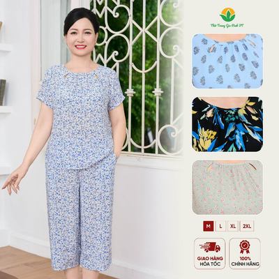 Đồ bộ lanh trung niên cho mẹ Việt Thắng quần lửng áo cộc tay họa tiết- B06.6027