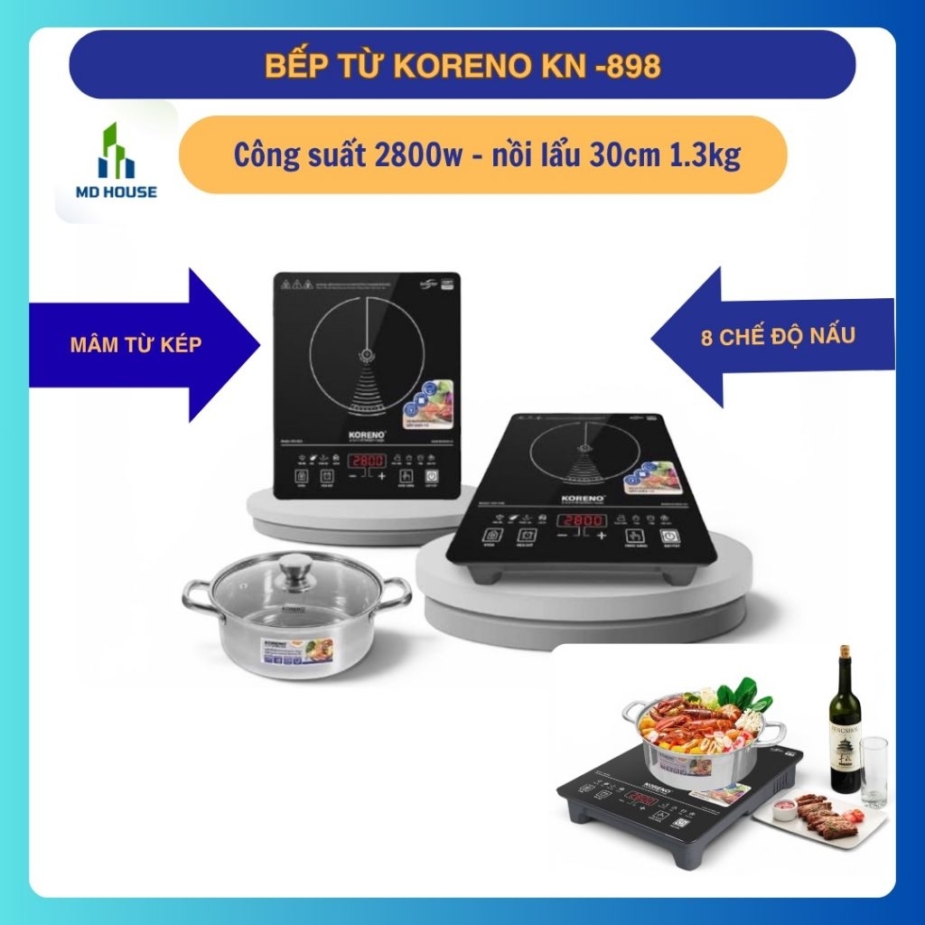 Bếp điện từ Koreno KN-898, 2800W, Kính chịu nhiệt 600°C, Tặng kèm nồi lẩu 30cm