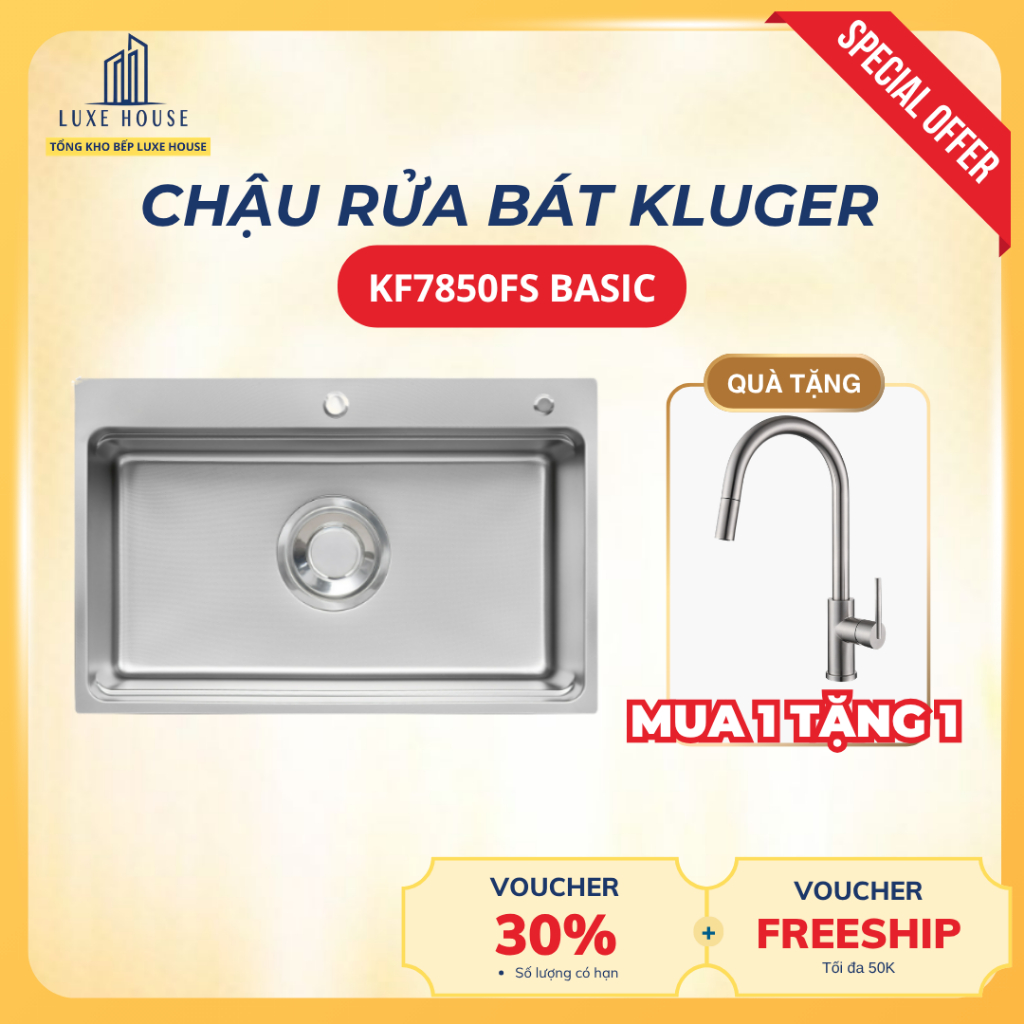 [TẶNG VÒI]CHẬU RỬA BÁT Kluger KF7850FS Basic - Inox POSCO 304, bề mặt Linen chống xước, KT 78x50
