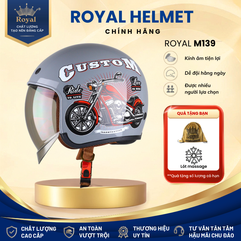 Mũ Bảo Hiểm 3/4 Royal M139 Có Kính Âm Chắn Gió Chính Hãng, Nón Bảo Hiểm 1/2 Đầu Royal  M239 Nam Nữ