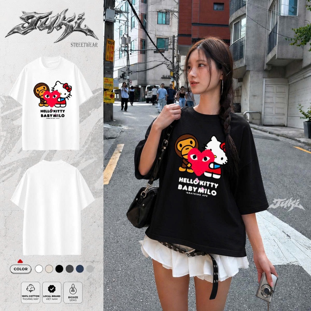 Áo Thun Unisex Form Rộng Bape x Hello Kitty Baby Milo Oversize Tuki Streetwear