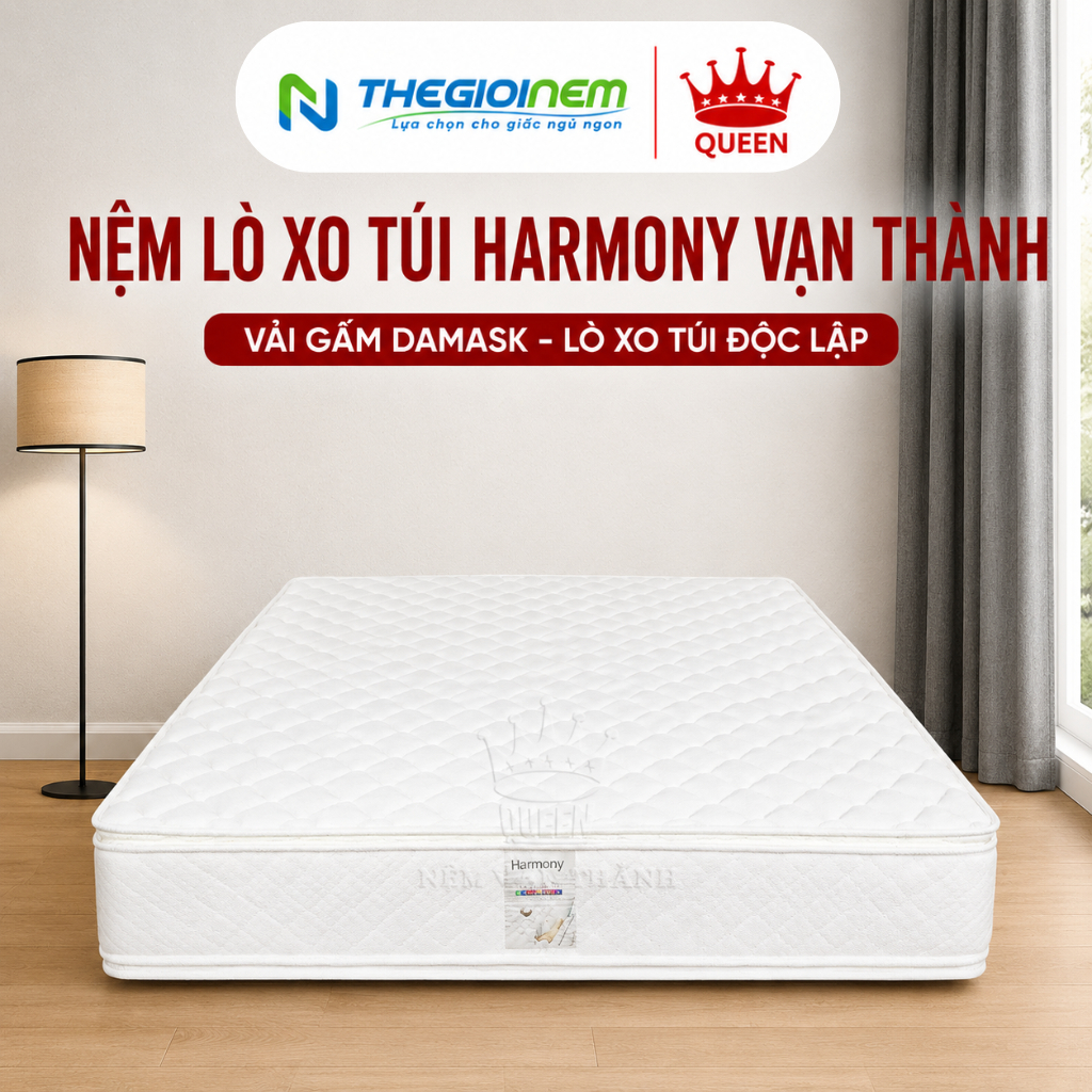Nệm Lò Xo Túi Harmony Vạn Thành - Lò Xo Túi Độc Lập, Nâng Đỡ Đa Vùng, Độ Cao 30cm, Bảo Hành 12 Năm