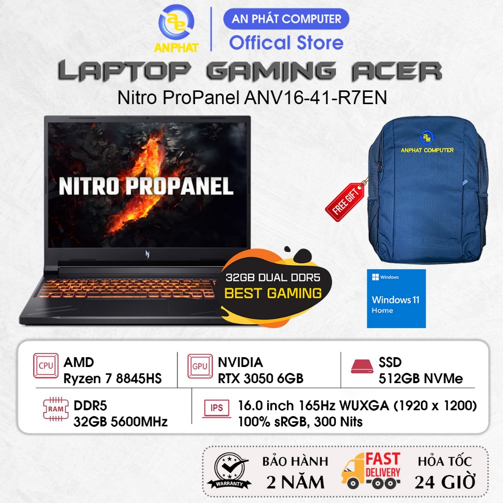 Laptop Acer Gaming Nitro ProPanel ANV16-41-R7EN, Ryzen 7 8845HS, RTX 3050 6GB, 32GB, 512GB, 16.0 FHD