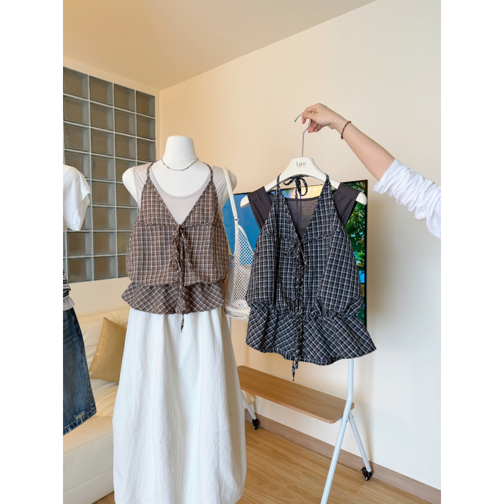LENCLOTHING Set Áo Yếm Caro Kèm Áo Lót Danh Cho Nữ A2133