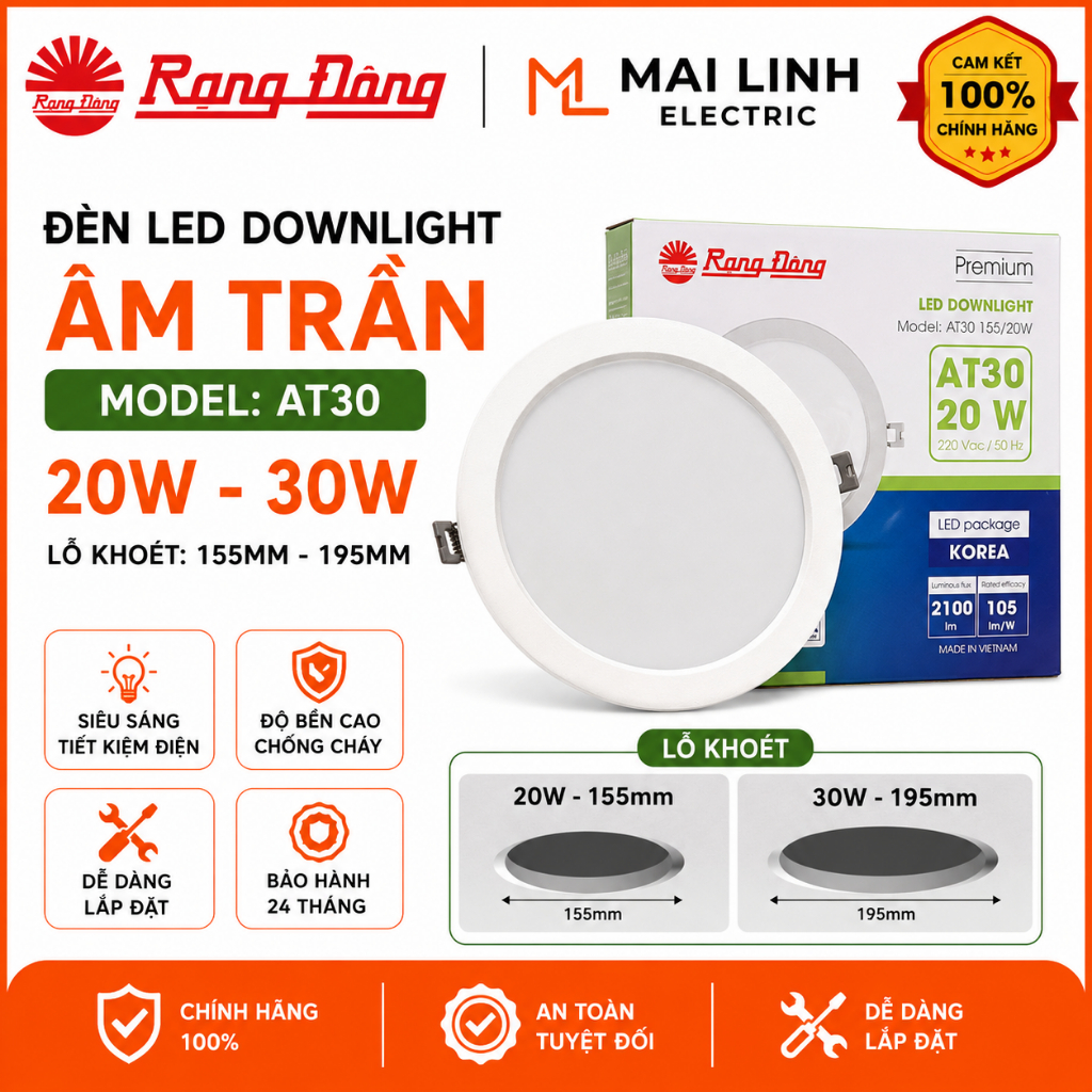 [Chính Hãng] Đèn Led Downlight âm trần siêu sáng 20W 30W Rạng Đông - Lỗ khoét 155mm 195mm - Model AT