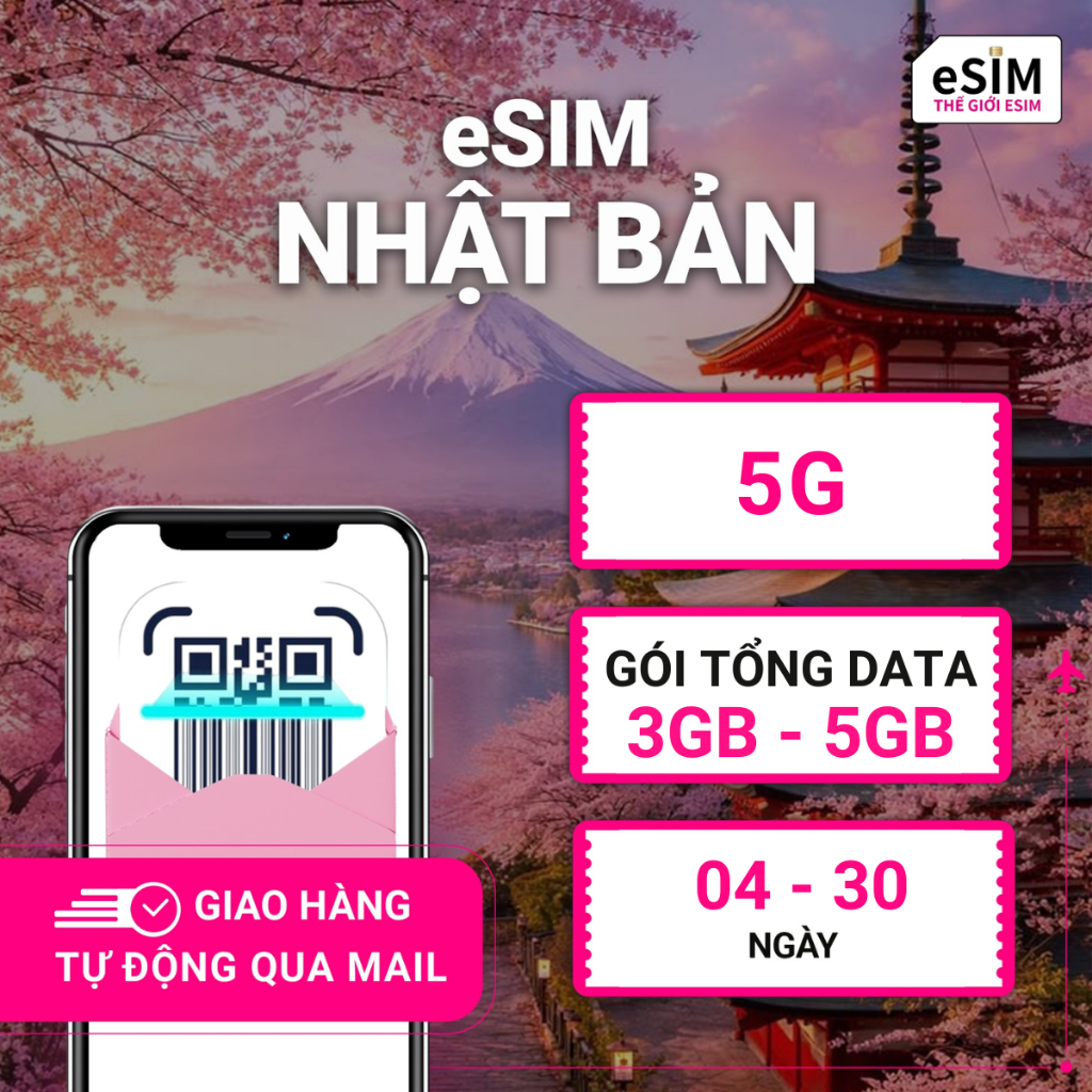 eSIM Nhật Bản 5G, Gói Tổng Data 3GB - 5GB, 04 - 30 ngày, Nhà mạng KDDI