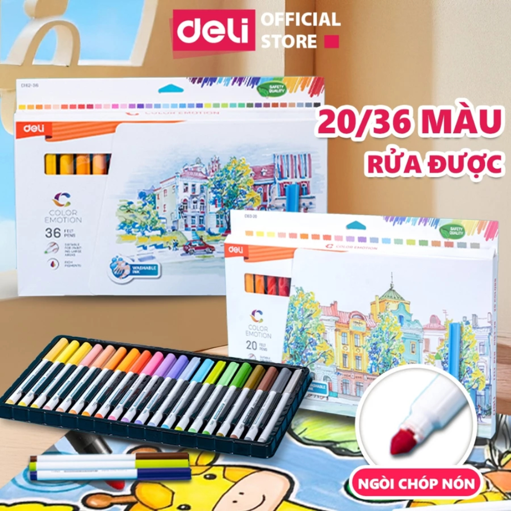 [MUA 3 GIẢM 30%] Bút Lông Màu Fiber Pen Deli 20/36 Màu Pastel Basic Ngòi Chóp Rửa Được- Dùng Tô Vẽ N