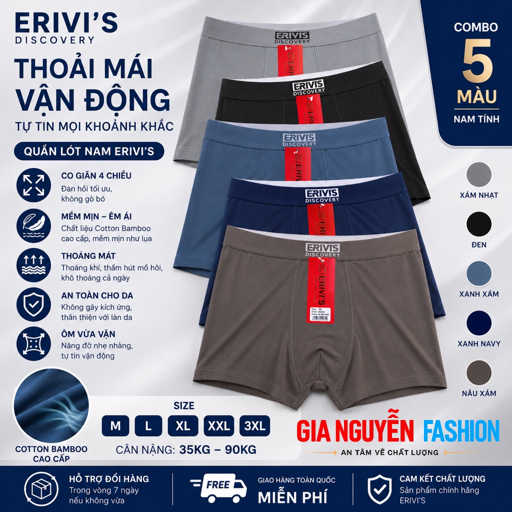 Combo 5 quần lót đùi nam, quần boxer nam, chất liệu Cotton Bambo co giãn bốn chiều. Hàng ERIVI'S VNC