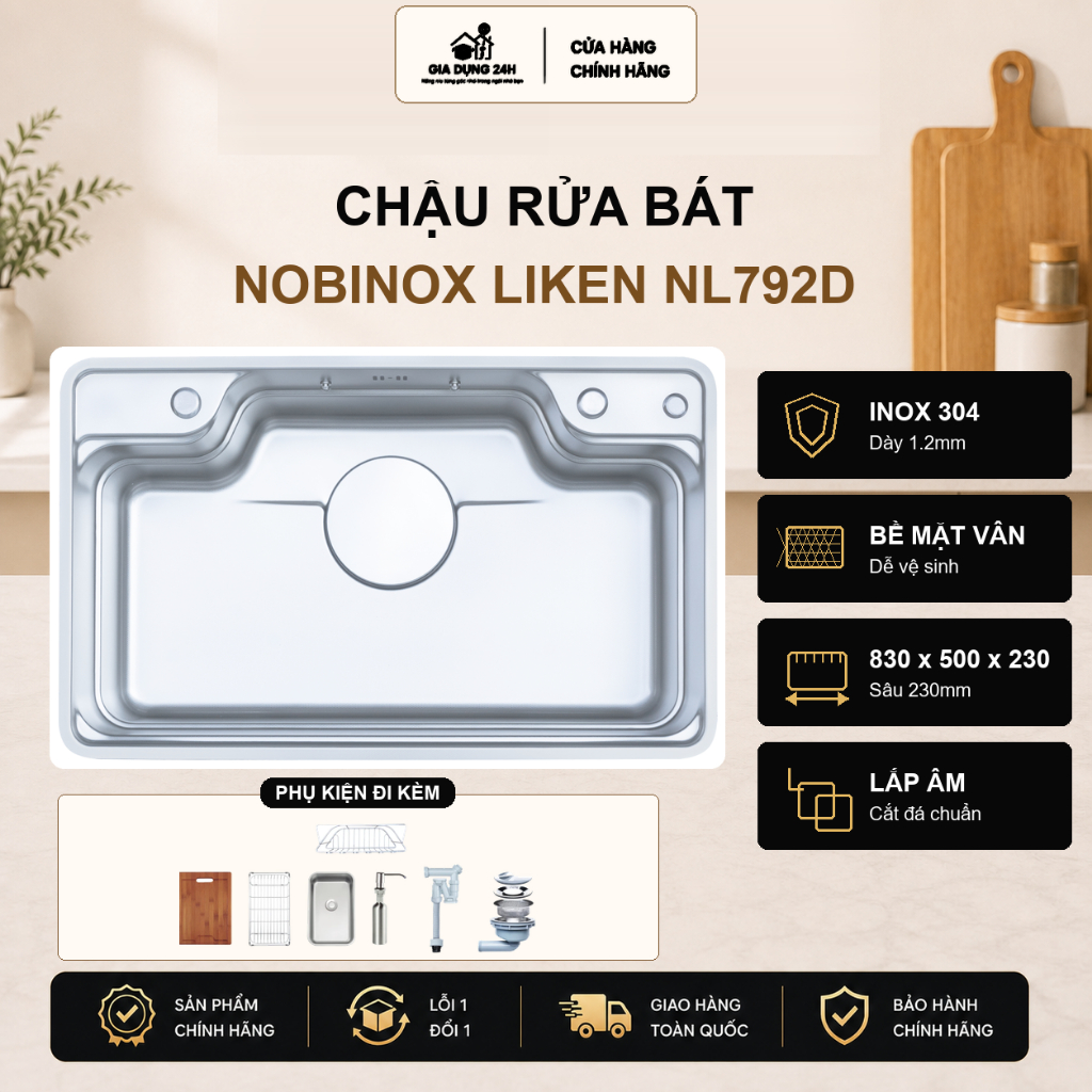 CHẬU RỬA BÁT NOBINOX LIKEN NL792D | KÍCH THƯỚC 83X50CM..