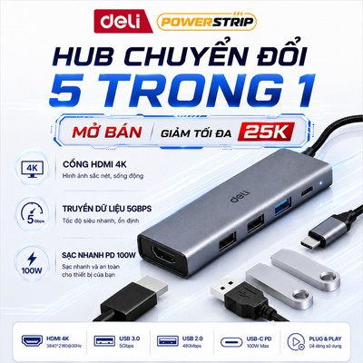 [NEW] HUB Chuyển Đổi DELI USB C HDMI 4K, Bộ Chuyển Đổi Đa Cổng 5 Trong 1 Type C Sang HDMI Cho Máy Tính, Laptop, PC