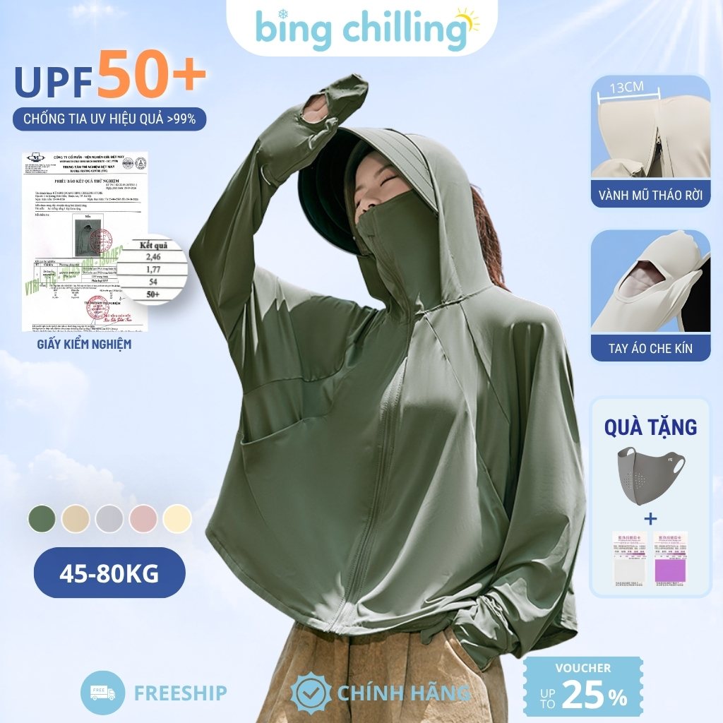 Áo chống nắng nữ Bing Chilling dáng lửng xòe form rộng chất vải mát lạnh UPF50+ có tay áo che kín và vành mũ tháo rời