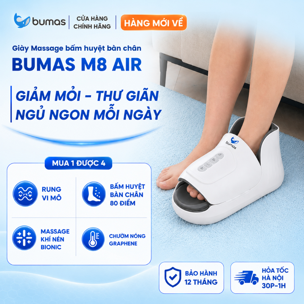 Máy Massage Chân Bấm Huyệt - Giày Massage Bấm Huyệt Bàn Chân BUMAS M8 Air Chườm Ấm - Massage Khí Nén