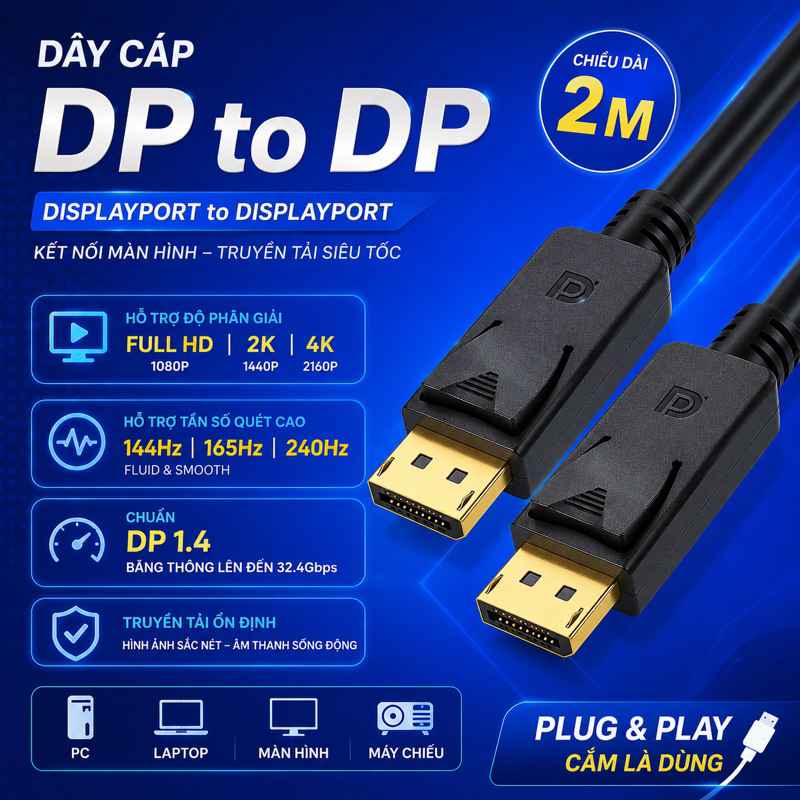 Dây DP to DP bóc máy Dell P2425H | Hỗ trợ 2K 4K | Hỗ trợ Hz cao