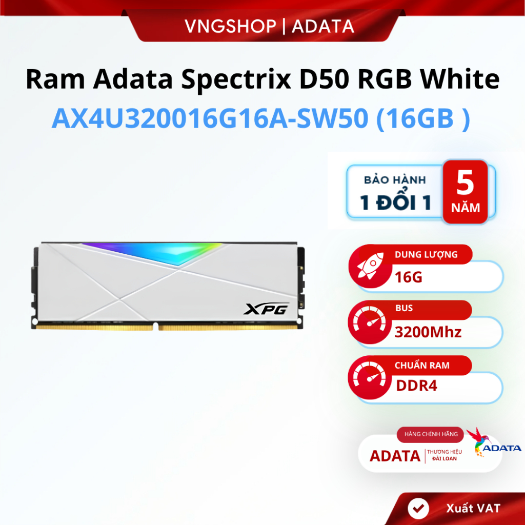 Ram Adata Spectrix D50 RGB White 16GB (1x16GB) DDR4 3200Mhz - P/N: AX4U320016G16A-SW50 - BH 5 Năm