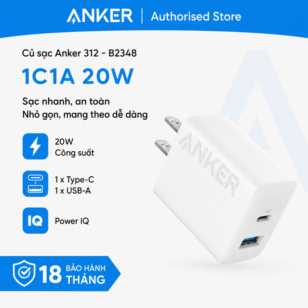 Củ sạc Anker 312 1C1A 20W (with USB-C Cable) - B2348 - Hàng chính hãng - Bảo hành 18 tháng