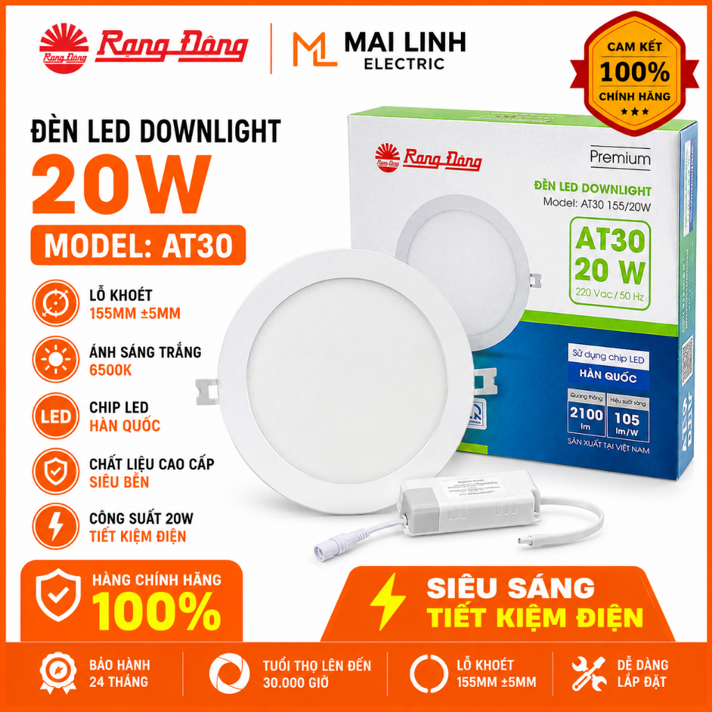 [Chính Hãng] Đèn Led Downlight 20W Rạng Đông -Lỗ khoét 155mm +-5mm -Ánh sáng trắng 6500K -Chip Led H