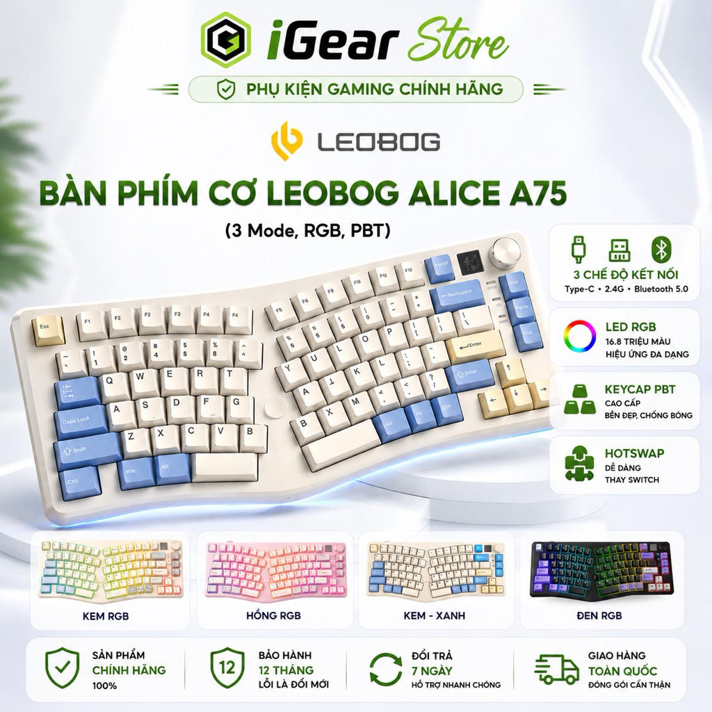 Leobog A75 Bàn phím cơ Alice A75 3 Mode không dây USB 2.4 Ghz Bluetooth Type-C Chơi Game Led RGB