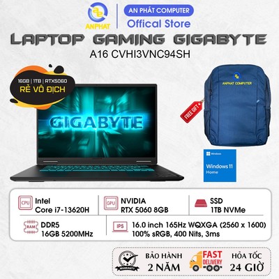 Laptop GIGABYTE GAMING A16 CVHI3VNC94SH, Core i7-13620H, RTX 5060 8GB, 16GB, 1TB, 16.0 QHD+ 165Hz, Win11
