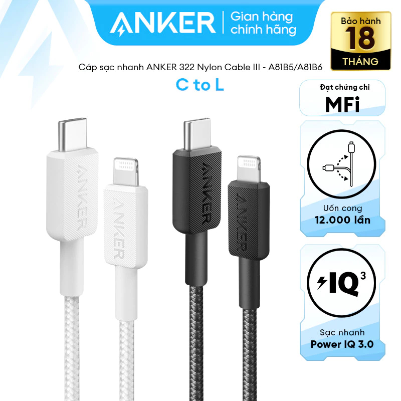 Cáp Sạc Anker 322 A81B5 / A81B6 Nylon USB-C to L 0.9m/1.8m chính hãng. Bảo hành 18 tháng, 1 đổi 1.