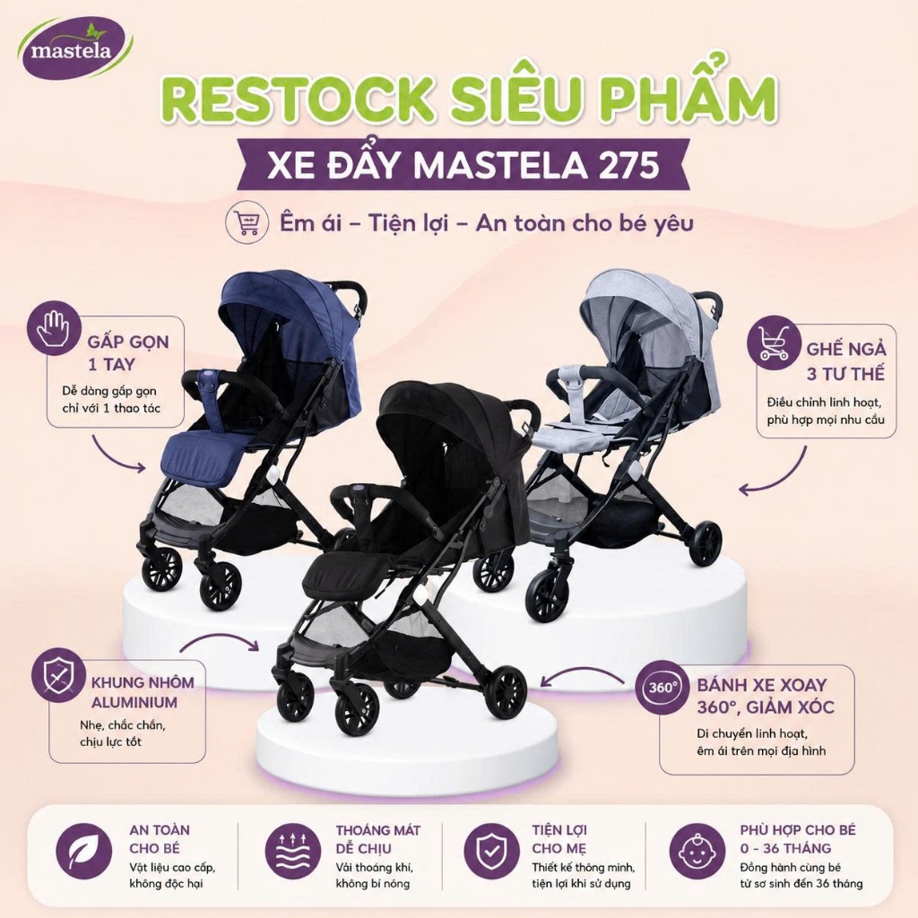 Xe đẩy em bé cao cấp Mastela 275, gấp gọn thông minh, siêu nhẹ, dễ dàng mang đi du lịch, đi máy bay