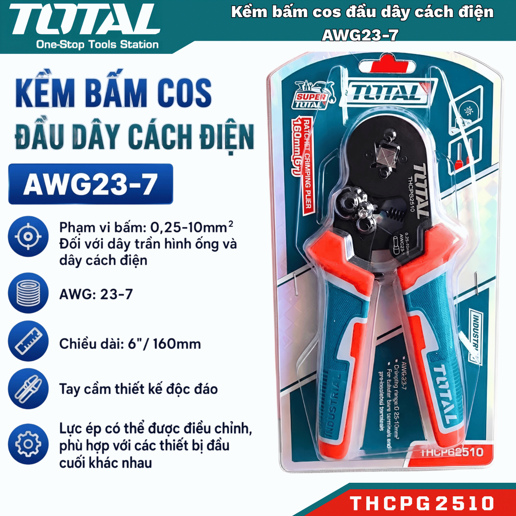 Kềm bấm cos đầu dây cách điện AWG23-7 Total THCPG2510 - Hàng chính hãng