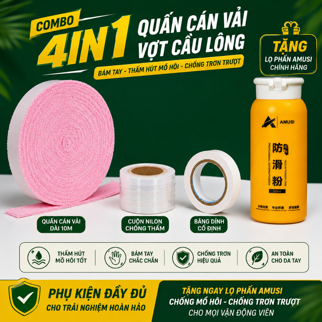 M9c - Combo 4in1 Gồm Quấn Cán Vải Cầu Lông 10m + Phấn Chống Trơn Amusi + Cuộn Nilong Chống Thấm + Bă