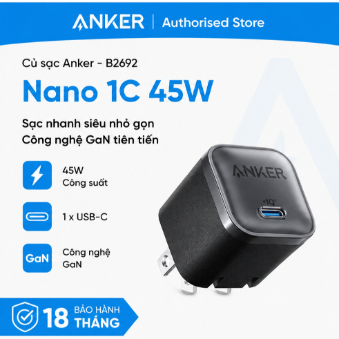 Củ sạc Anker Nano 1C 45W (with USB-C Cable) - B2692 - Hàng chính hãng - Bảo hành 18 tháng