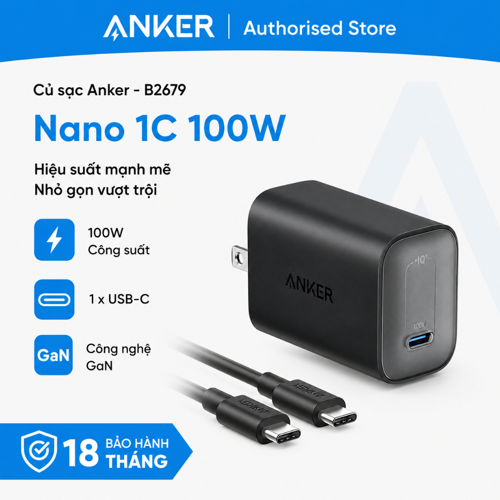 Củ sạc Anker Nano 1C 100W (with USB-C Cable) - B2679 - Hàng chính hãng - Bảo hành 18 tháng