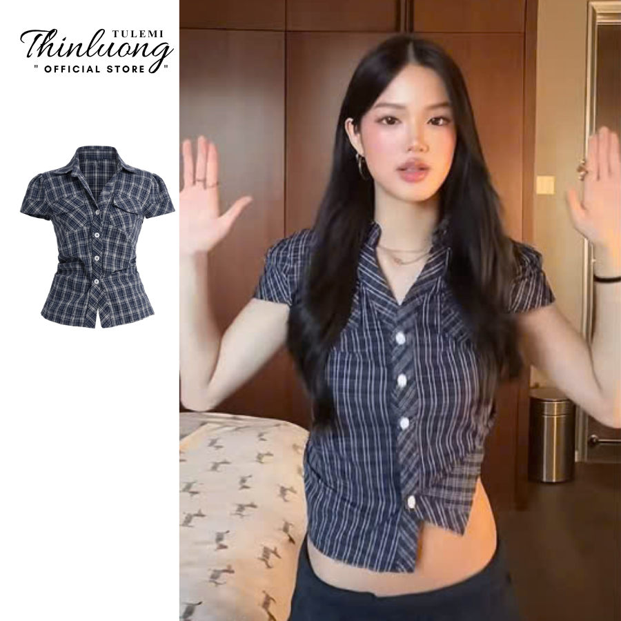 Áo sơ mi và quần short cạp thấp caro Jaden