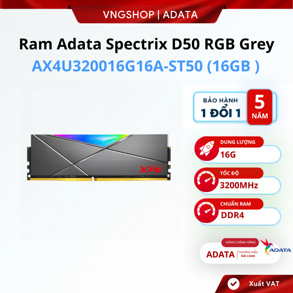 Ram Adata Spectrix D50 RGB Grey 16GB (1x16GB) DDR4 3200Mhz - P/N: AX4U320016G16A-ST50 - BH 5 Năm