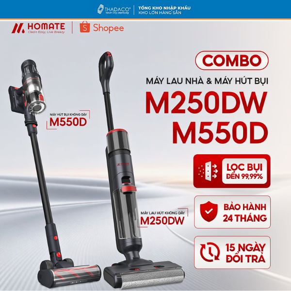 [ COMBO SỐC ] Máy Lau Nhà Homate M250DW + Máy Hút Bụi Homate M550D, sử dụng Hepa lọc bụi sạch 99.9%