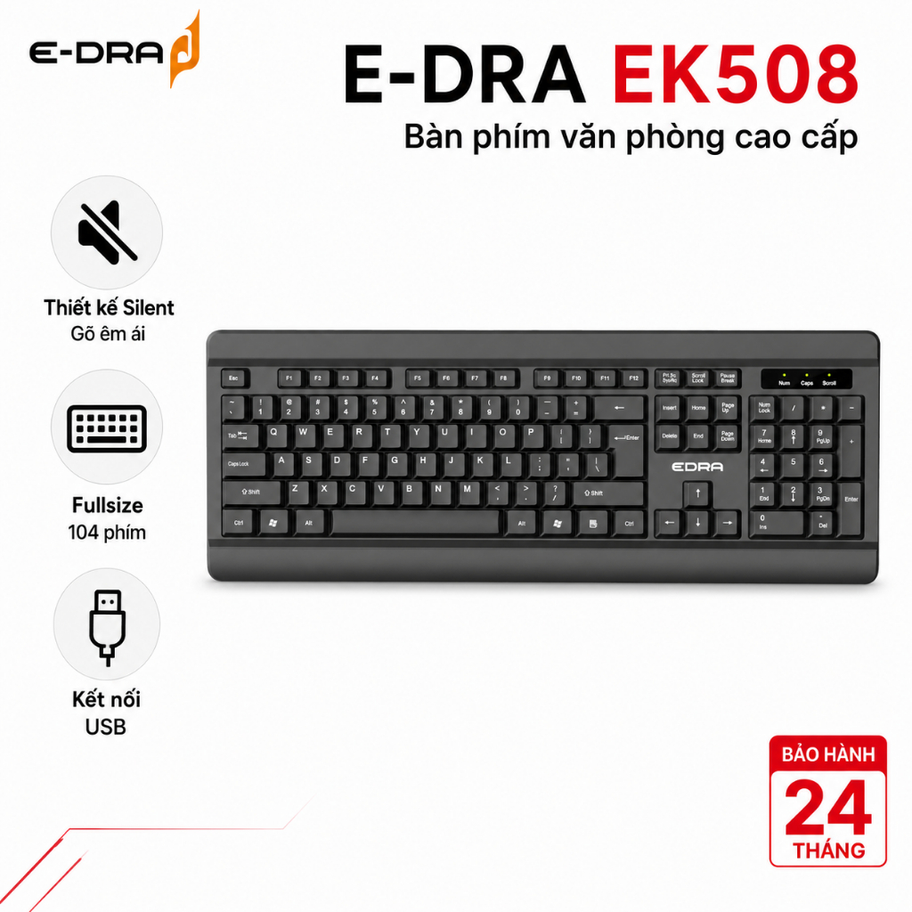 Bàn phím văn phòng có dây E-Dra EK508 – Fullsize 104 phím, gõ êm Silent, màu đen – Chính hãng