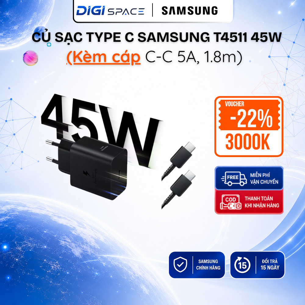 Củ sạc Type C Samsung T4511 - 45W - (Kèm cáp C-C 5A, 1.8m) EP-T4511- Hàng Chính Hãng