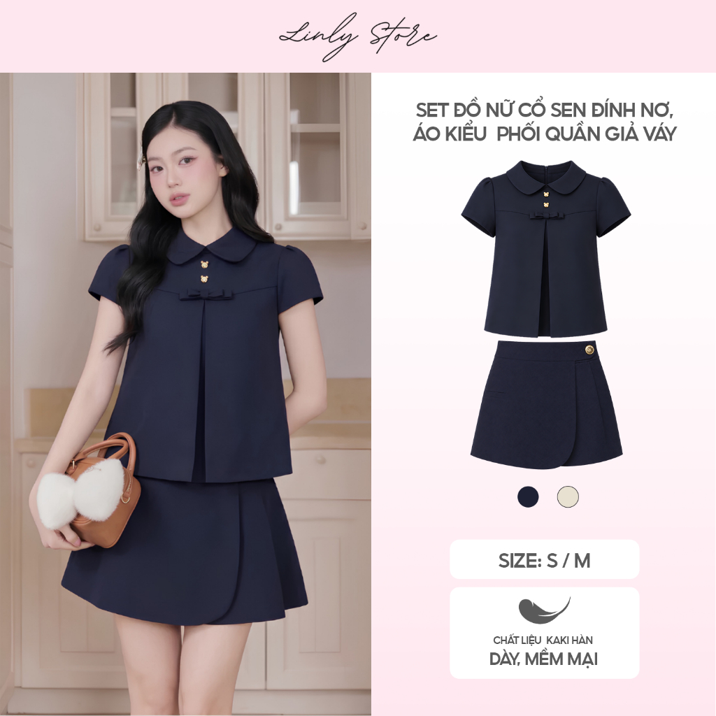 Set đồ nữ cổ sen đính nơ, áo kiểu thiết kế phối quần giả váy Linly Store