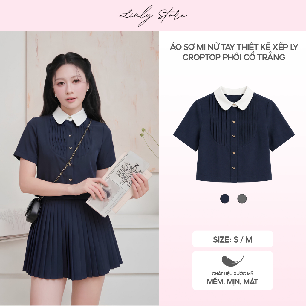 Áo sơ mi nữ thiết kế xếp ly phối cổ trắng, áo sơ mi croptop tay ngắn tiểu thư Linly Store A-KIE42