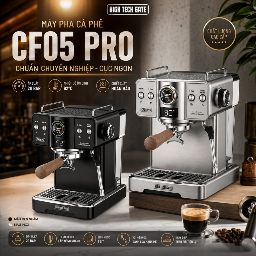 Máy Pha Cà Phê CF05 PRO – Tự Động Pha Espresso và Coldbrew, Họng 58mm, Tay Inox, Định Lượng Chuẩn