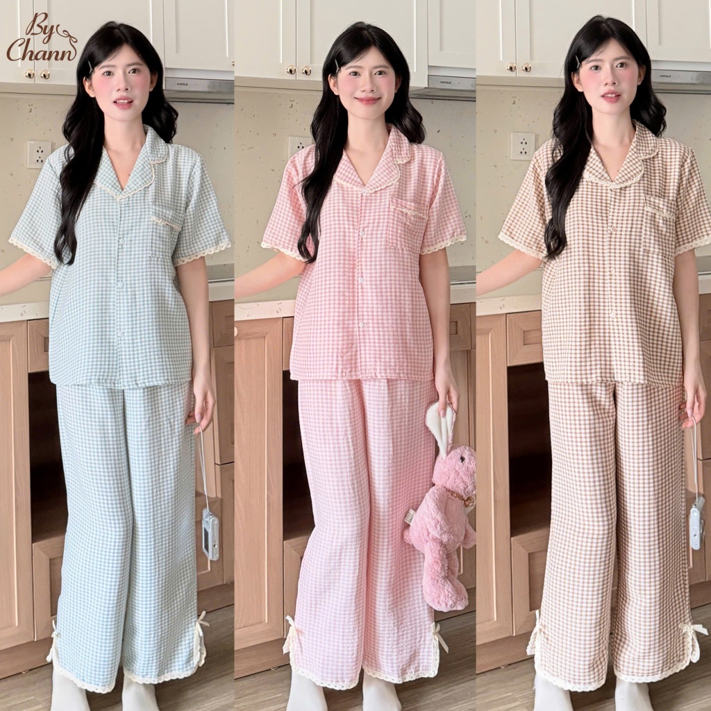 Bộ Đồ Ngủ Pyjamas BY CHANN (CD01) chất liệu đũi mềm họa tiết kẻ caro áo cộc quần dài có bigsize 80kg