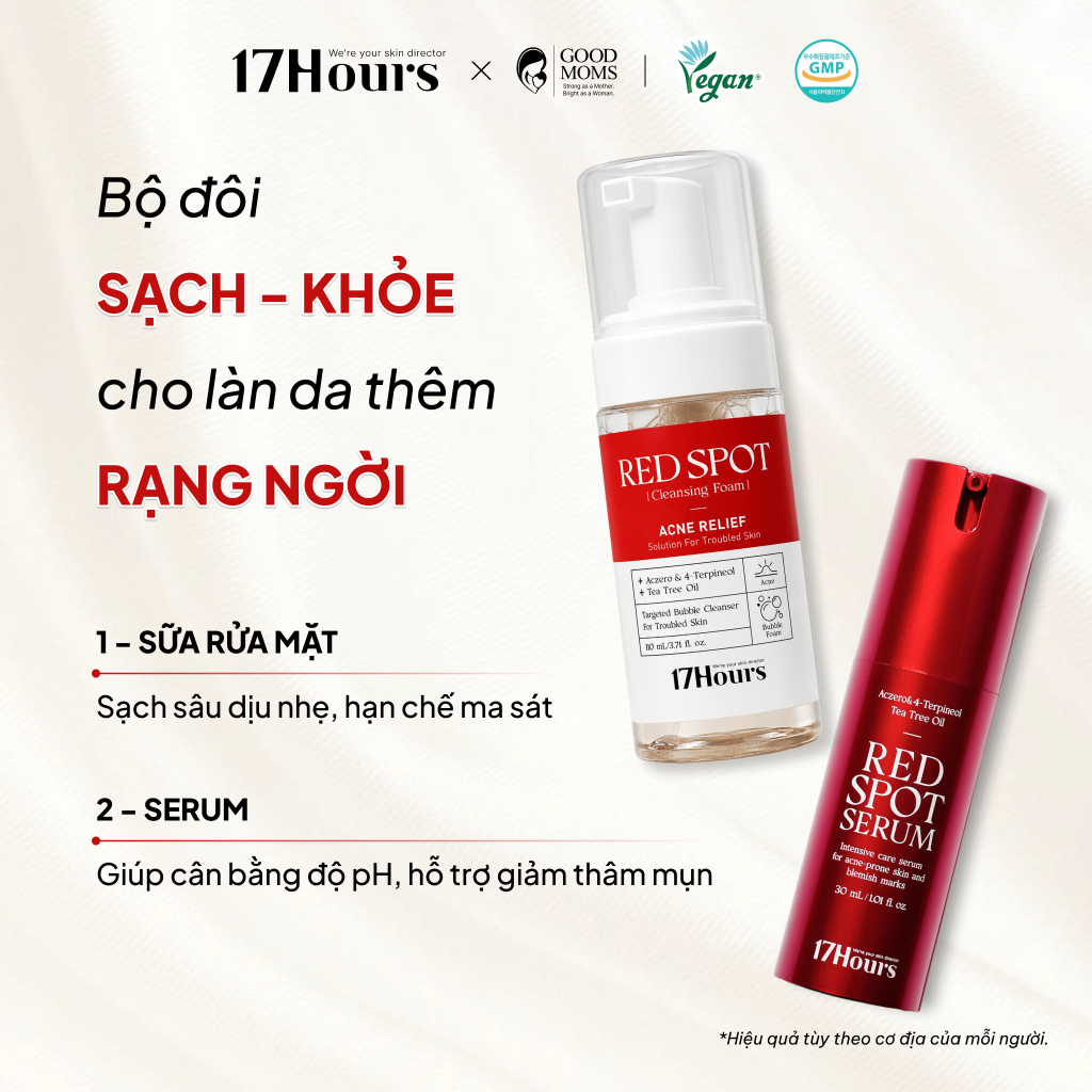 [Combo 2 bước chăm da mụn sạch khỏe] 17Hours Red Spot Cleansing Foam 110ml +  Red Spot Serum 30ml