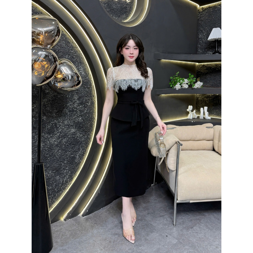 HS66 - Váy Thiết Kế Evii dành cho nữ, Đầm thiết kế phối ren mềm, Peplum liền thân dáng bút chì xuông