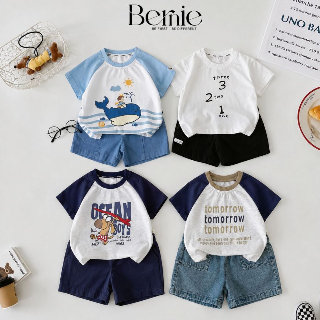 Set bộ tay ngắn họa tiết kẻ Cậu bé trà sữa kèm quần short kaki cho bé trai 9tới 28kg BERNIE H1125B28