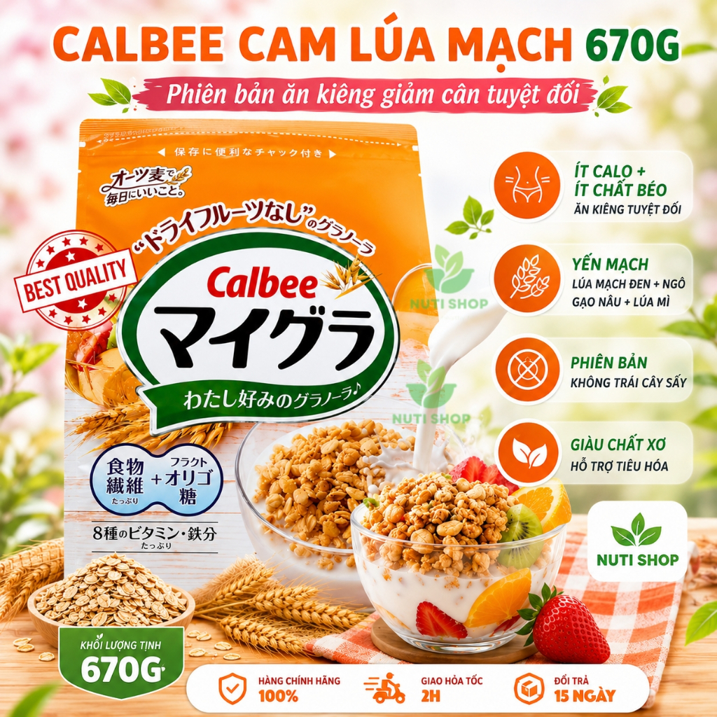 【NHẬP KHẨU NHẬT】Ngũ Cốc Calbee Cam Lúa Mạch 670G - Granola Ăn Sáng Healthy, Giảm Cân, Chính Hãng