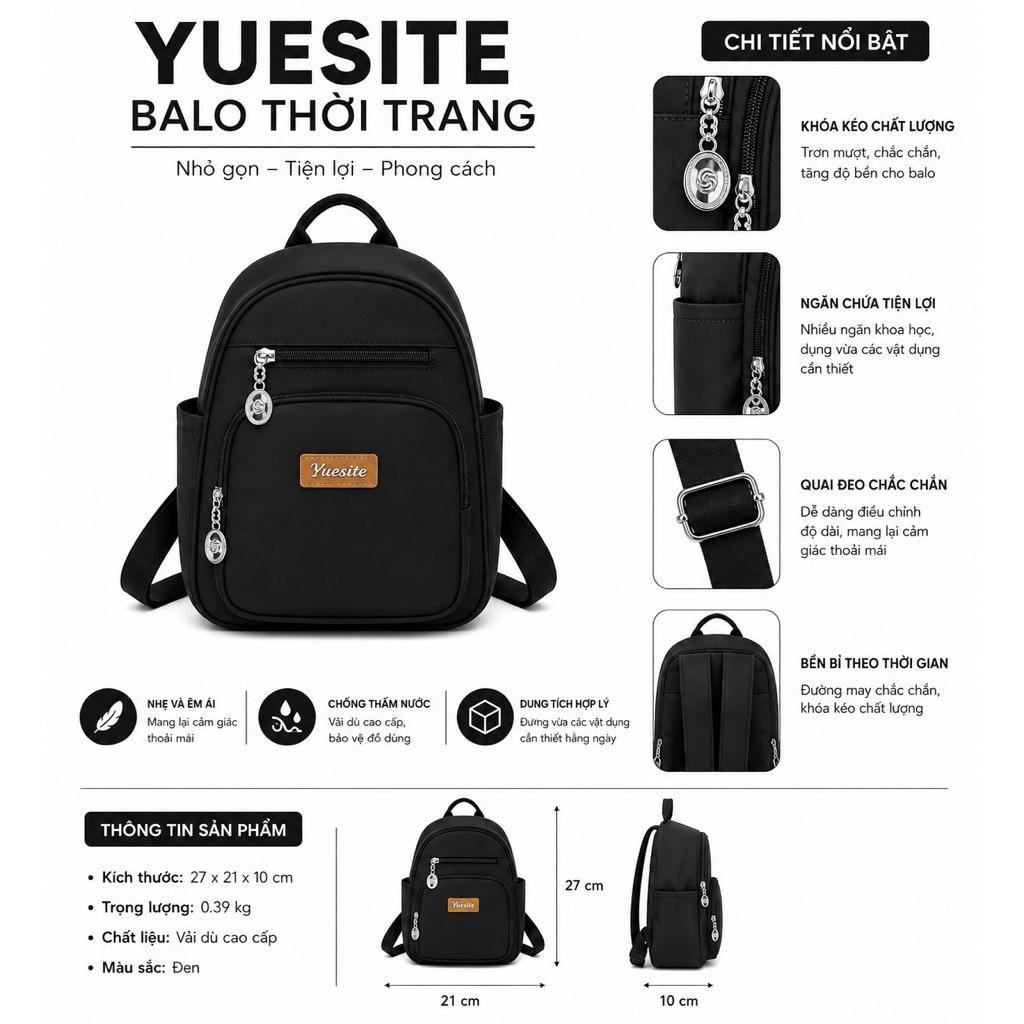 YUESITE Balo Nữ Mini Chống Nước Cao Cấp - Balo Thời Trang Đi Học Đi Chơi Nhiều Ngăn 27x21x10cm