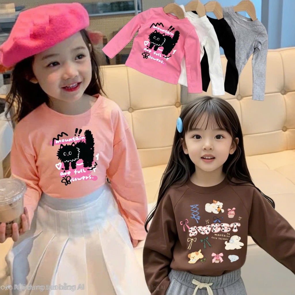 Áo Thun Cho Bé Thu Đông, Ao Phông Dài tay Cho bé HÌNH THỎ LABUBU, chất Cotton 100% đảm bảo mềm, đẹp