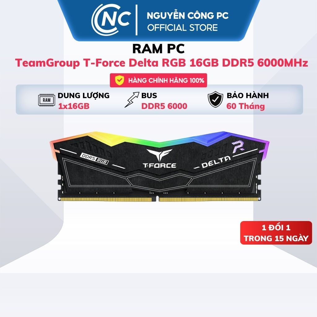 RAM TeamGroup T-Force Delta RGB 16GB DDR5 6000MHz - Black - BH 60 tháng